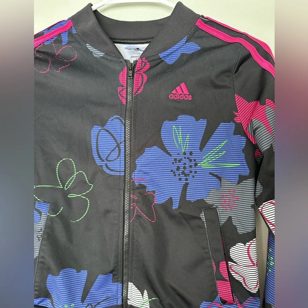 Adidas Kids Black Floral Jacket with Pink and Blue Accents